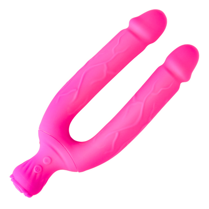 Bendy Silicone Double Dildo Vibrator with Clit Teaser - Fulfill DP Fantasies or Buzz Your Clit with the Vibrating Handle!