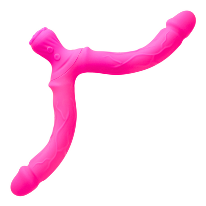 Bendy Silicone Double Dildo Vibrator with Clit Teaser - Fulfill DP Fantasies or Buzz Your Clit with the Vibrating Handle!