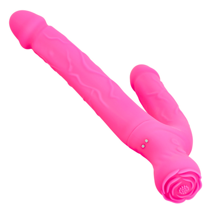 Bendy Silicone Double Dildo Vibrator with Clit Teaser - Fulfill DP Fantasies or Buzz Your Clit with the Vibrating Handle!