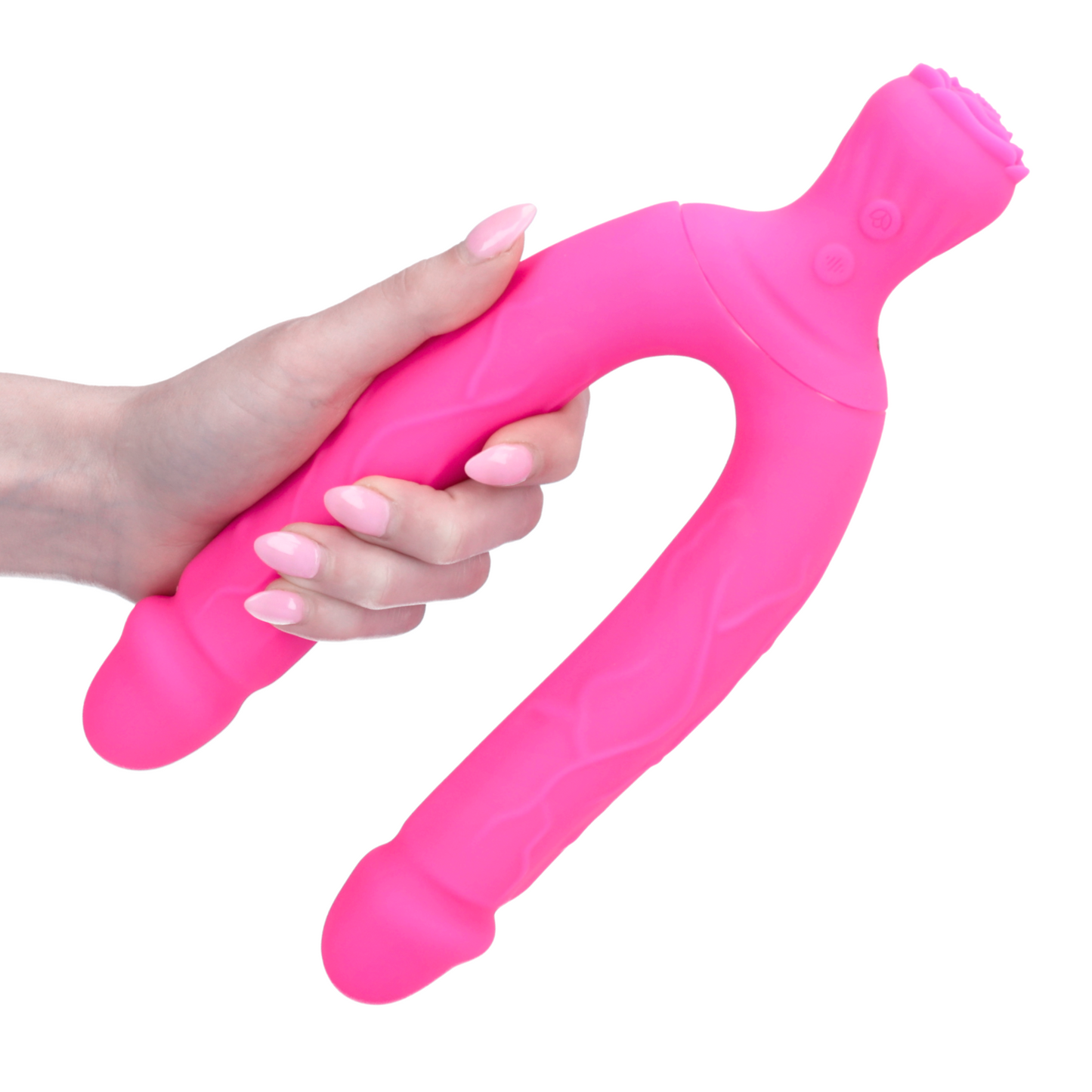 Bendy Silicone Double Dildo Vibrator with Clit Teaser - Fulfill DP Fantasies or Buzz Your Clit with the Vibrating Handle!