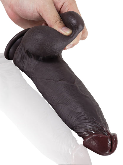 Joshua  9" x 2" Black Soft Skin Thick Sliding Skin Dildo With Moving Balls