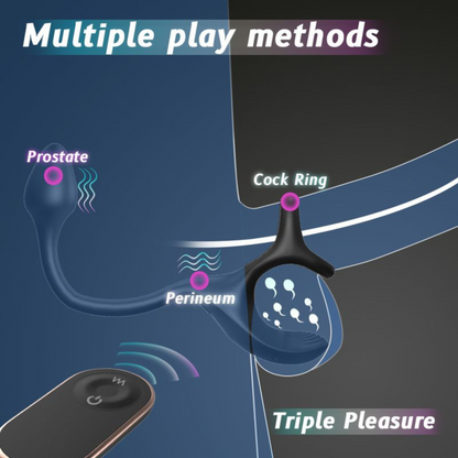 Triple Stimulating Vibrating Silicone Cock Ring with Remote - Penis, Scrotum, and Anal Vibes!