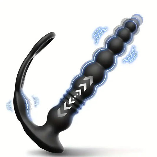 Vibrating Thrusting Anal Beads Butt Plug With Double Penis Rings