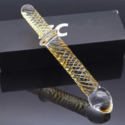 Golden Pattern Glass Dildo Handheld Anal Plug Sex Toy For Men