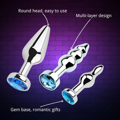 Unisex Metal Butt Plug Anal Sex Toy Blue Gem Bases For Beginners